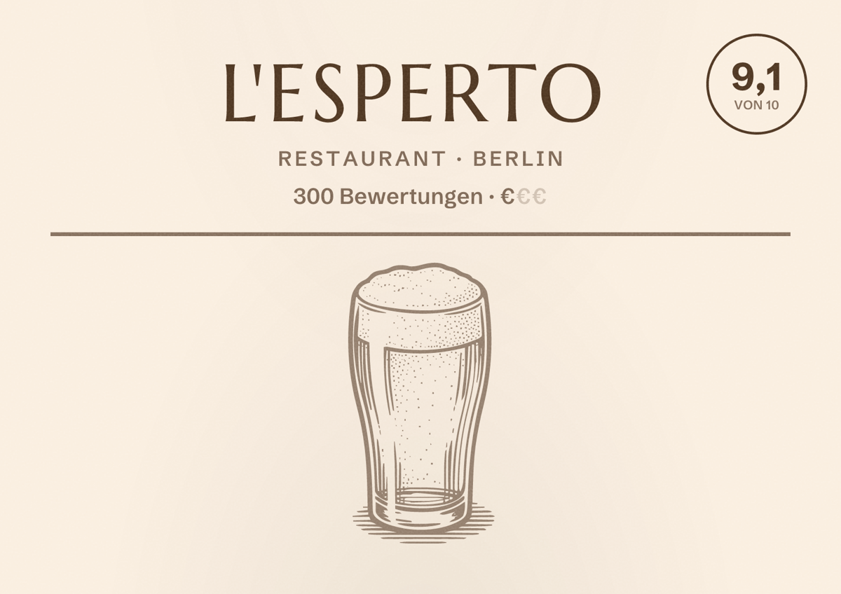 Illustriertes Poster von L'esperto, Restaurant in Berlin: Bewertung 9,1 von 10 aus 300 Bewertungen, Preisniveau €