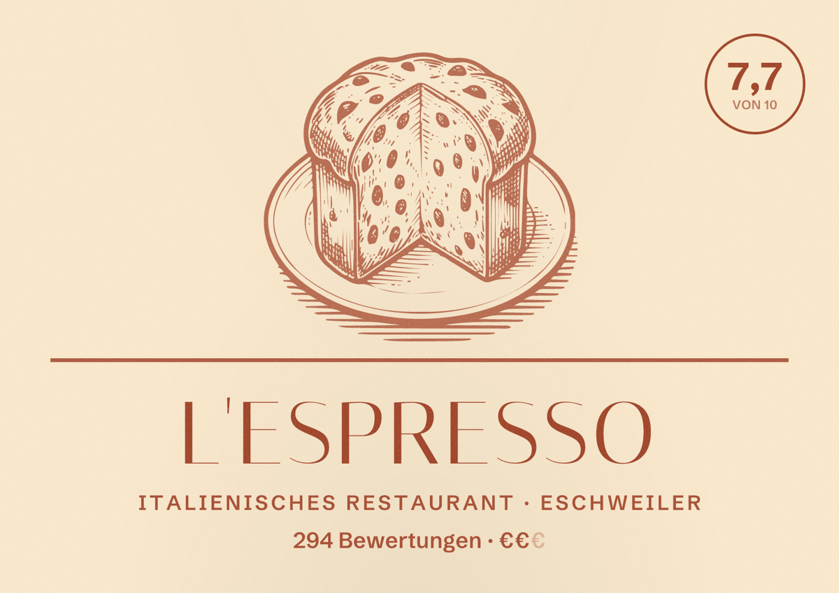 Illustriertes Poster von L'espresso, Italienisches Restaurant in Eschweiler: Bewertung 7,7 von 10 aus 294 Bewertungen, Preisniveau €€