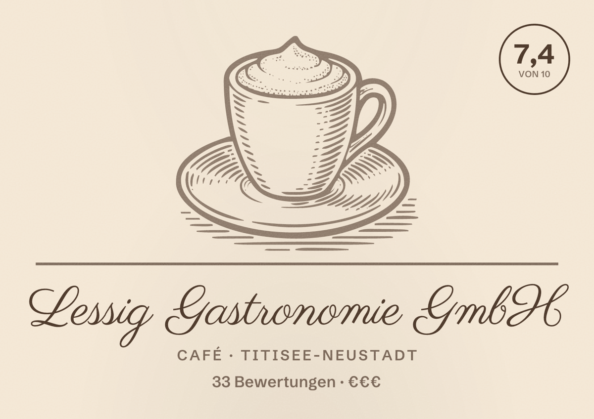 Illustriertes Poster von Lessig Gastronomie GmbH, Café in Titisee-Neustadt: Bewertung 7,4 von 10 aus 33 Bewertungen, Preisniveau €€€