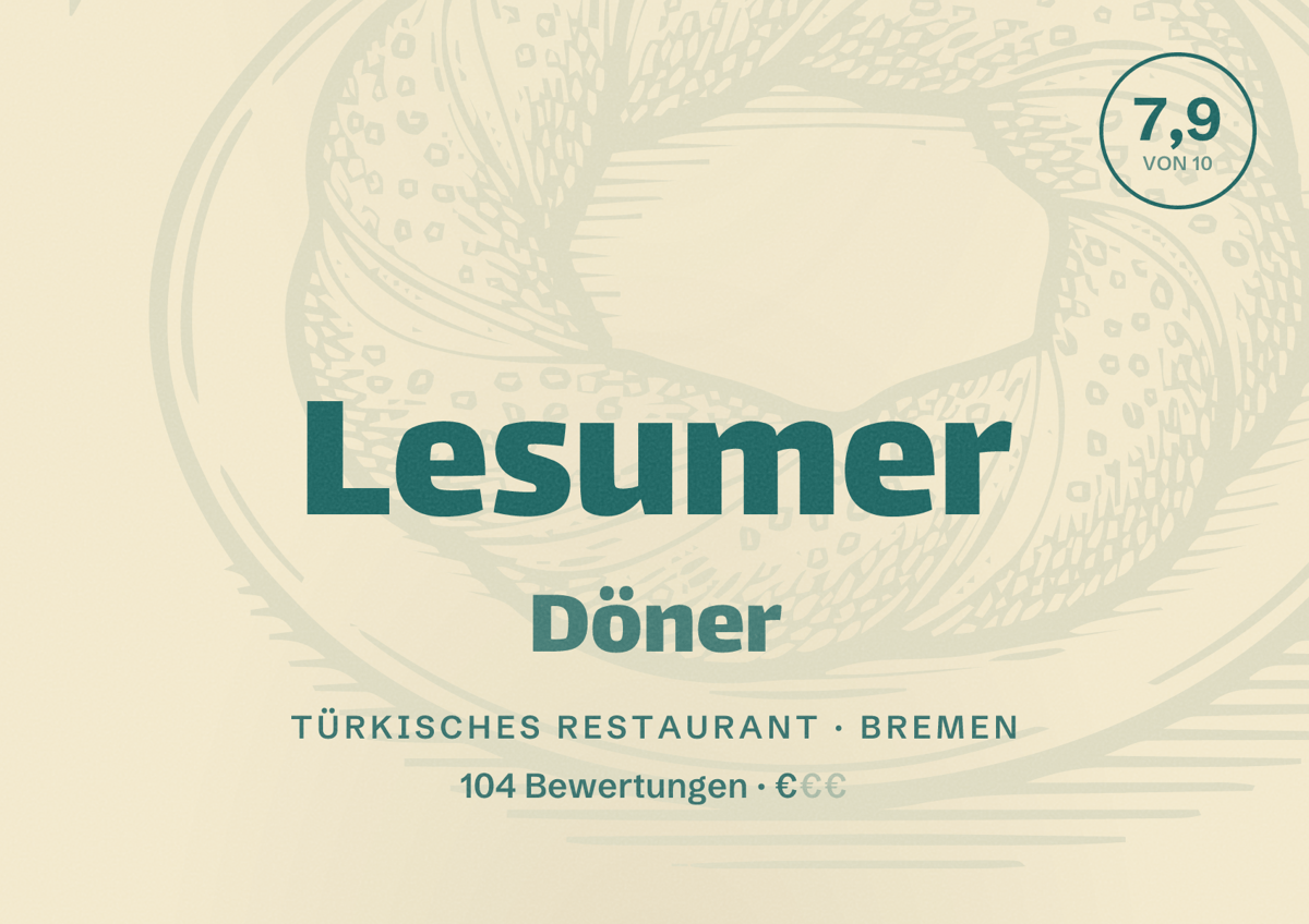 Illustriertes Poster von Lesumer Döner, Türkisches Restaurant in Bremen: Bewertung 7,9 von 10 aus 104 Bewertungen, Preisniveau €