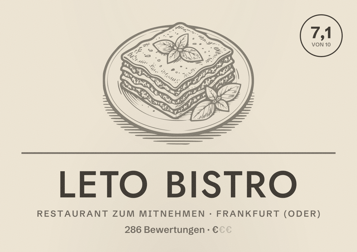 Illustriertes Poster von Leto Bistro, Restaurant zum Mitnehmen in Frankfurt (Oder): Bewertung 7,1 von 10 aus 286 Bewertungen, Preisniveau €