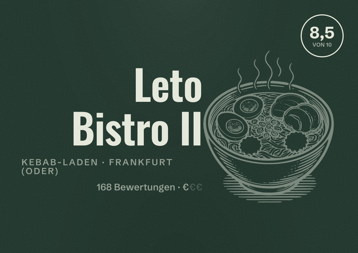 Illustriertes Poster von Leto Bistro II, Kebab-Laden in Frankfurt (Oder): Bewertung 8,5 von 10 aus 168 Bewertungen, Preisniveau €
