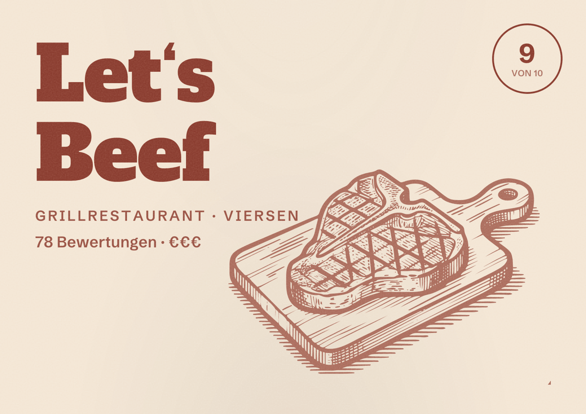 Illustriertes Poster von Let‘s Beef, Grillrestaurant in Viersen: Bewertung 9 von 10 aus 78 Bewertungen, Preisniveau €€€