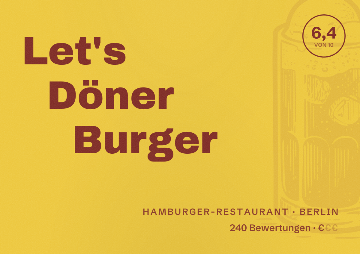 Illustriertes Poster von Let's Döner Burger, Hamburger-Restaurant in Berlin: Bewertung 6,4 von 10 aus 240 Bewertungen, Preisniveau €