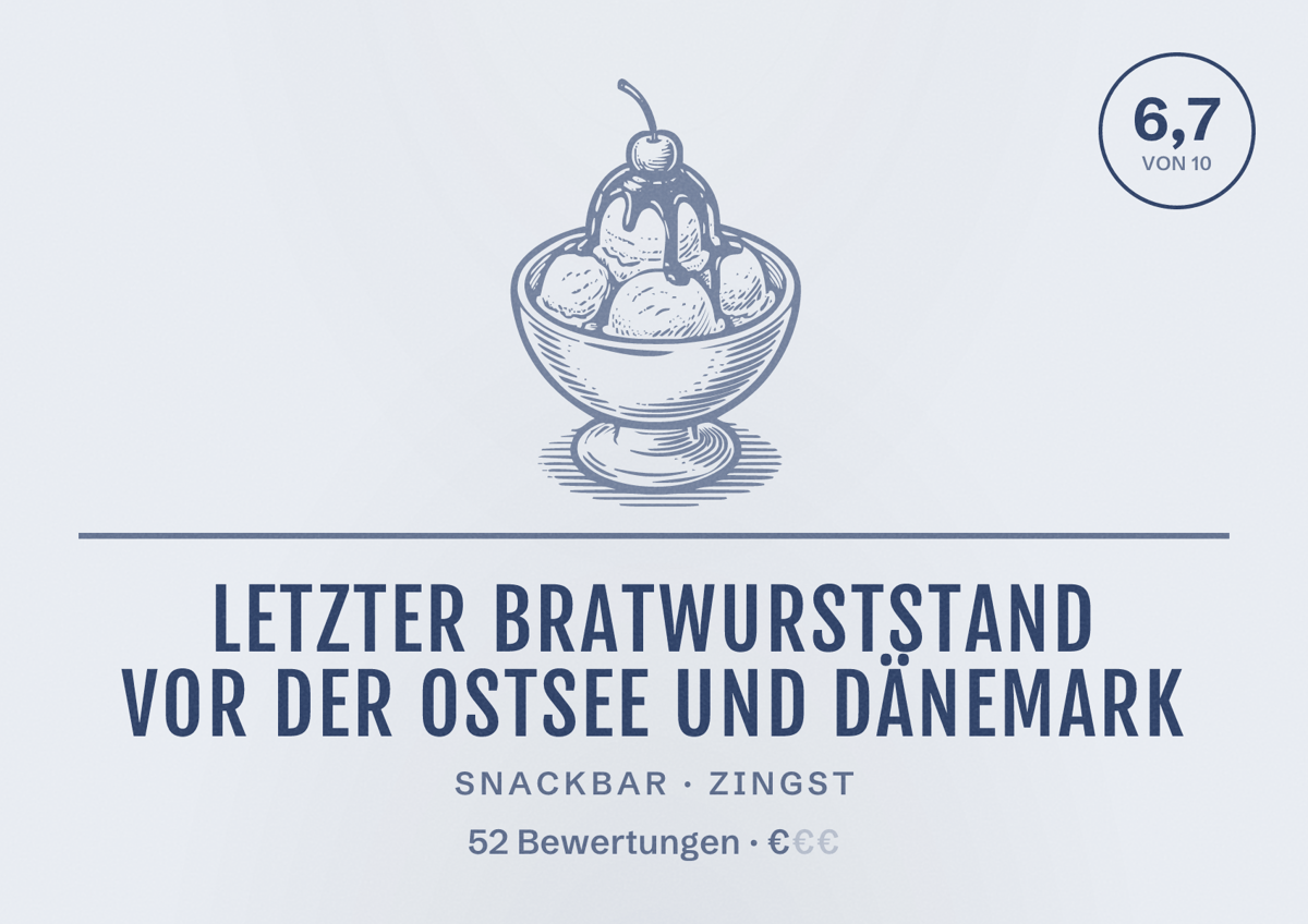 Illustriertes Poster von Letzter Bratwurststand vor der Ostsee und Dänemark, Snackbar in Zingst: Bewertung 6,7 von 10 aus 52 Bewertungen, Preisniveau €