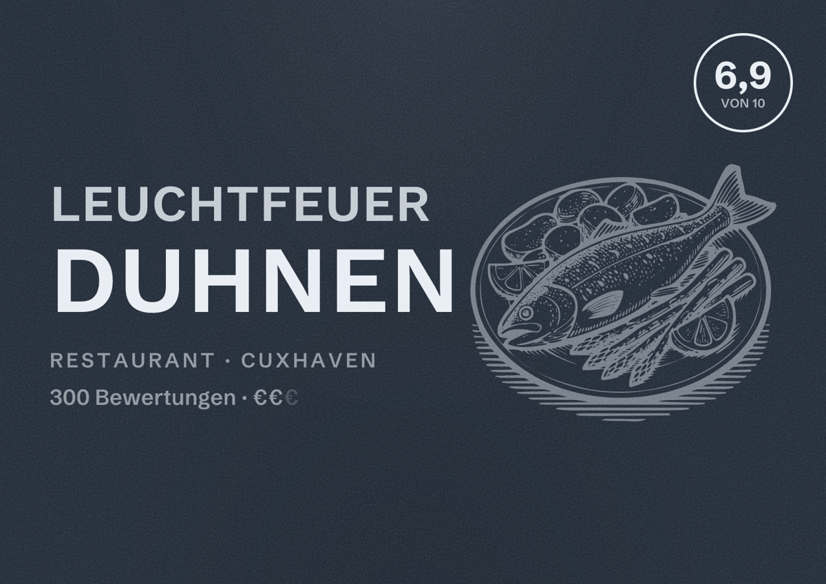 Illustriertes Poster von Leuchtfeuer Duhnen, Restaurant in Cuxhaven: Bewertung 6,9 von 10 aus 300 Bewertungen, Preisniveau €€