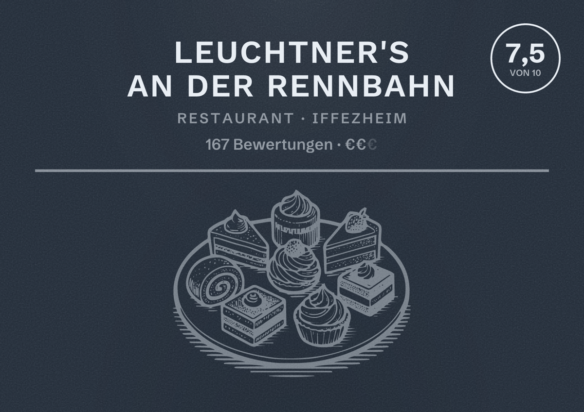 Illustriertes Poster von Leuchtner's an der Rennbahn, Restaurant in Iffezheim: Bewertung 7,5 von 10 aus 167 Bewertungen, Preisniveau €€