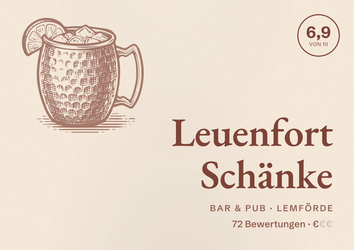 Illustriertes Poster von Leuenfort Schänke, Bar & Pub in Lemförde: Bewertung 6,9 von 10 aus 72 Bewertungen, Preisniveau €