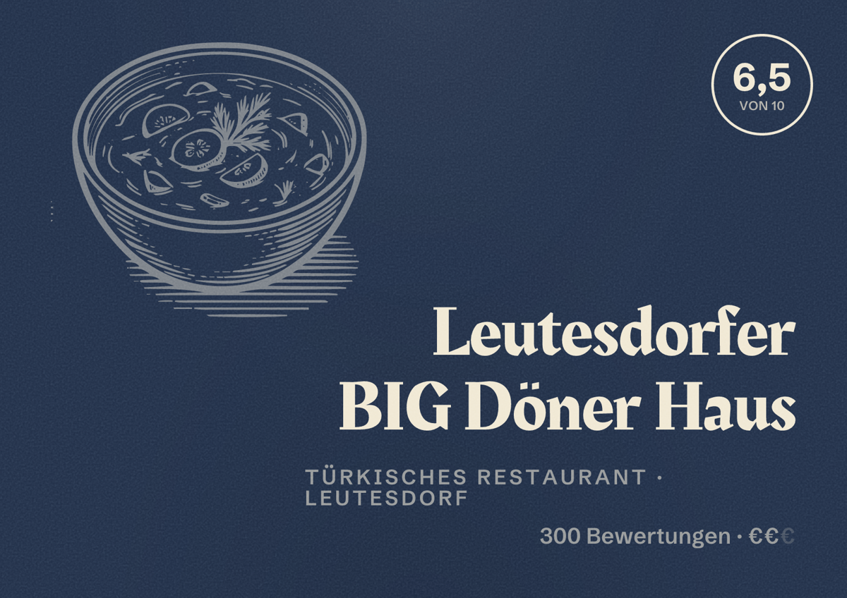 Illustriertes Poster von Leutesdorfer BIG Döner Haus, Türkisches Restaurant in Leutesdorf: Bewertung 6,5 von 10 aus 300 Bewertungen, Preisniveau €€