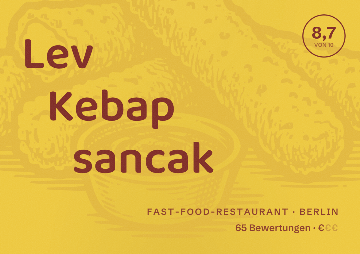 Illustriertes Poster von Lev Kebap sancak, Fast-Food-Restaurant in Berlin: Bewertung 8,7 von 10 aus 65 Bewertungen, Preisniveau €
