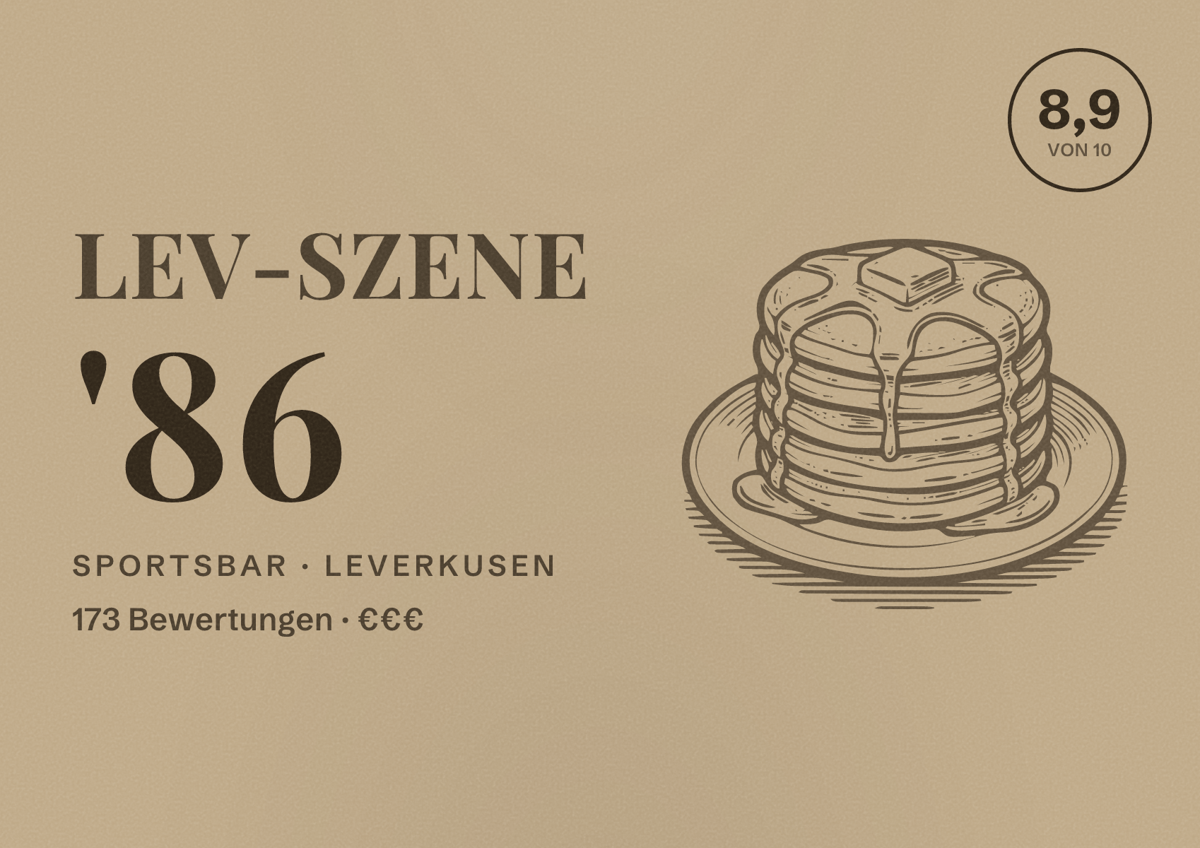 Illustriertes Poster von Lev-Szene '86, Sportsbar in Leverkusen: Bewertung 8,9 von 10 aus 173 Bewertungen, Preisniveau €€€