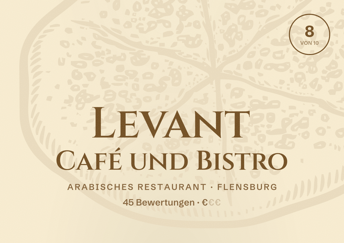 Illustriertes Poster von Levant Café und Bistro, Arabisches Restaurant in Flensburg: Bewertung 8 von 10 aus 45 Bewertungen, Preisniveau €