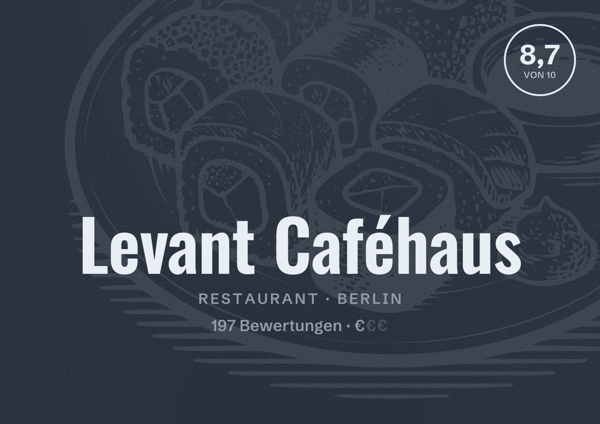 Illustriertes Poster von Levant Caféhaus, Restaurant in Berlin: Bewertung 8,7 von 10 aus 197 Bewertungen, Preisniveau €