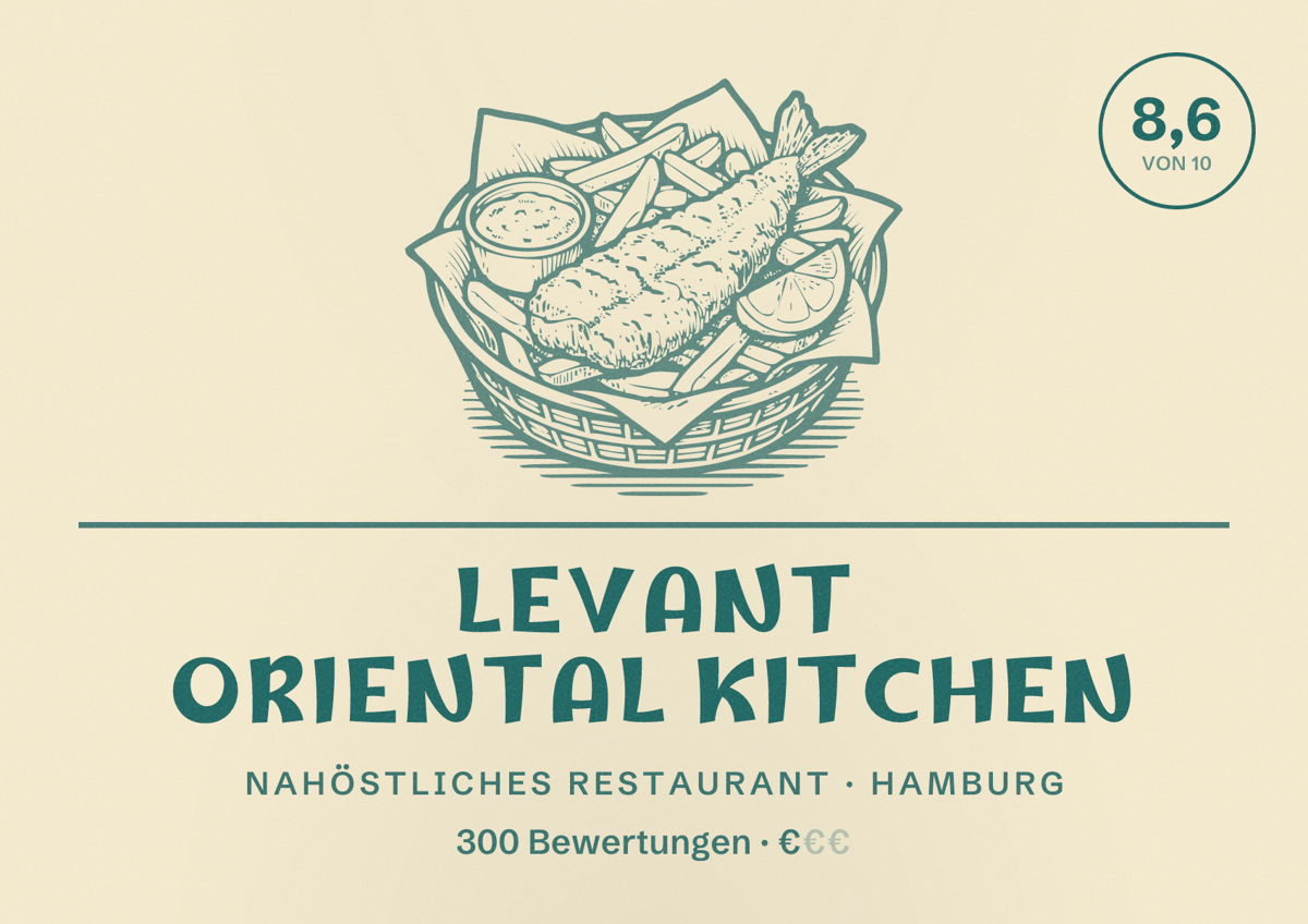 Illustriertes Poster von Levant Oriental Kitchen, Nahöstliches Restaurant in Hamburg: Bewertung 8,6 von 10 aus 300 Bewertungen, Preisniveau €