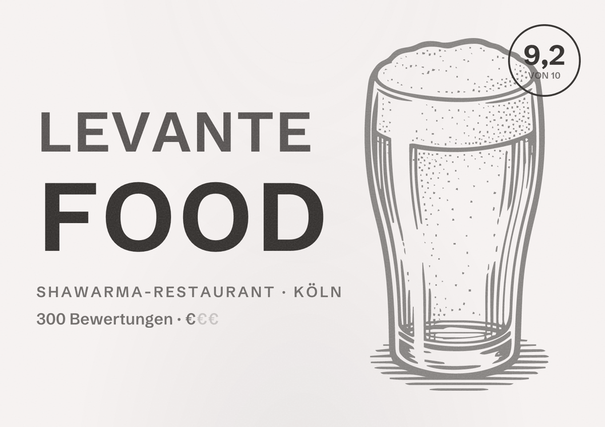 Illustriertes Poster von Levante Food, Shawarma-Restaurant in Köln: Bewertung 9,2 von 10 aus 300 Bewertungen, Preisniveau €
