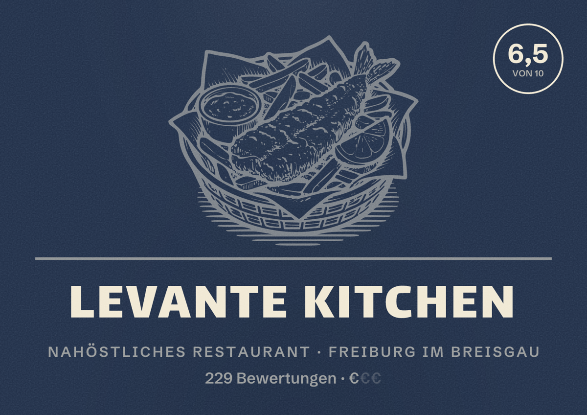 Illustriertes Poster von Levante Kitchen, Nahöstliches Restaurant in Freiburg im Breisgau: Bewertung 6,5 von 10 aus 229 Bewertungen, Preisniveau €