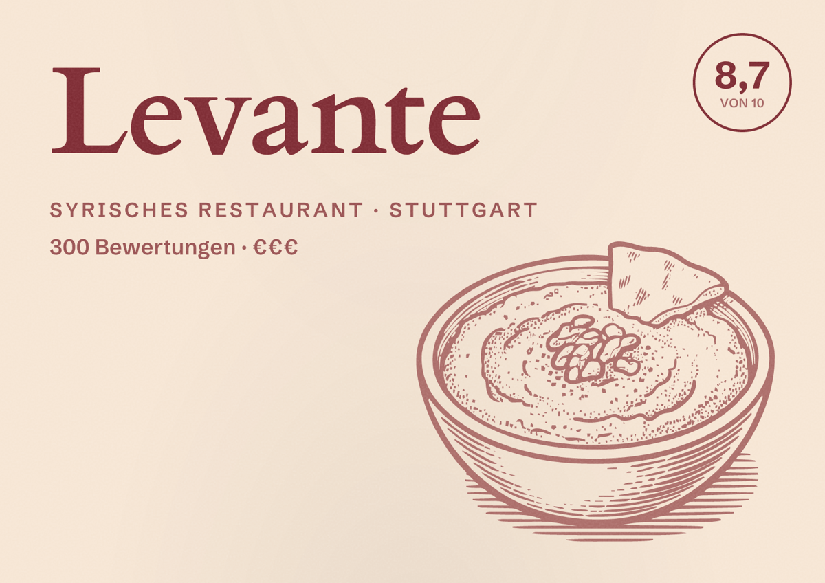 Illustriertes Poster von Levante, Syrisches Restaurant in Stuttgart: Bewertung 8,7 von 10 aus 300 Bewertungen, Preisniveau €€€