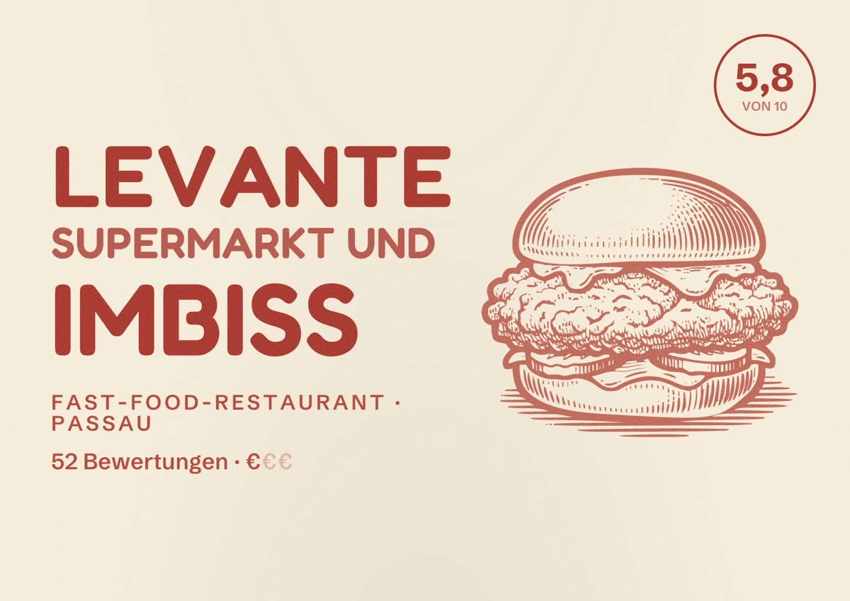 Illustriertes Poster von Levante Supermarkt und Imbiss, Fast-Food-Restaurant in Passau: Bewertung 5,8 von 10 aus 52 Bewertungen, Preisniveau €