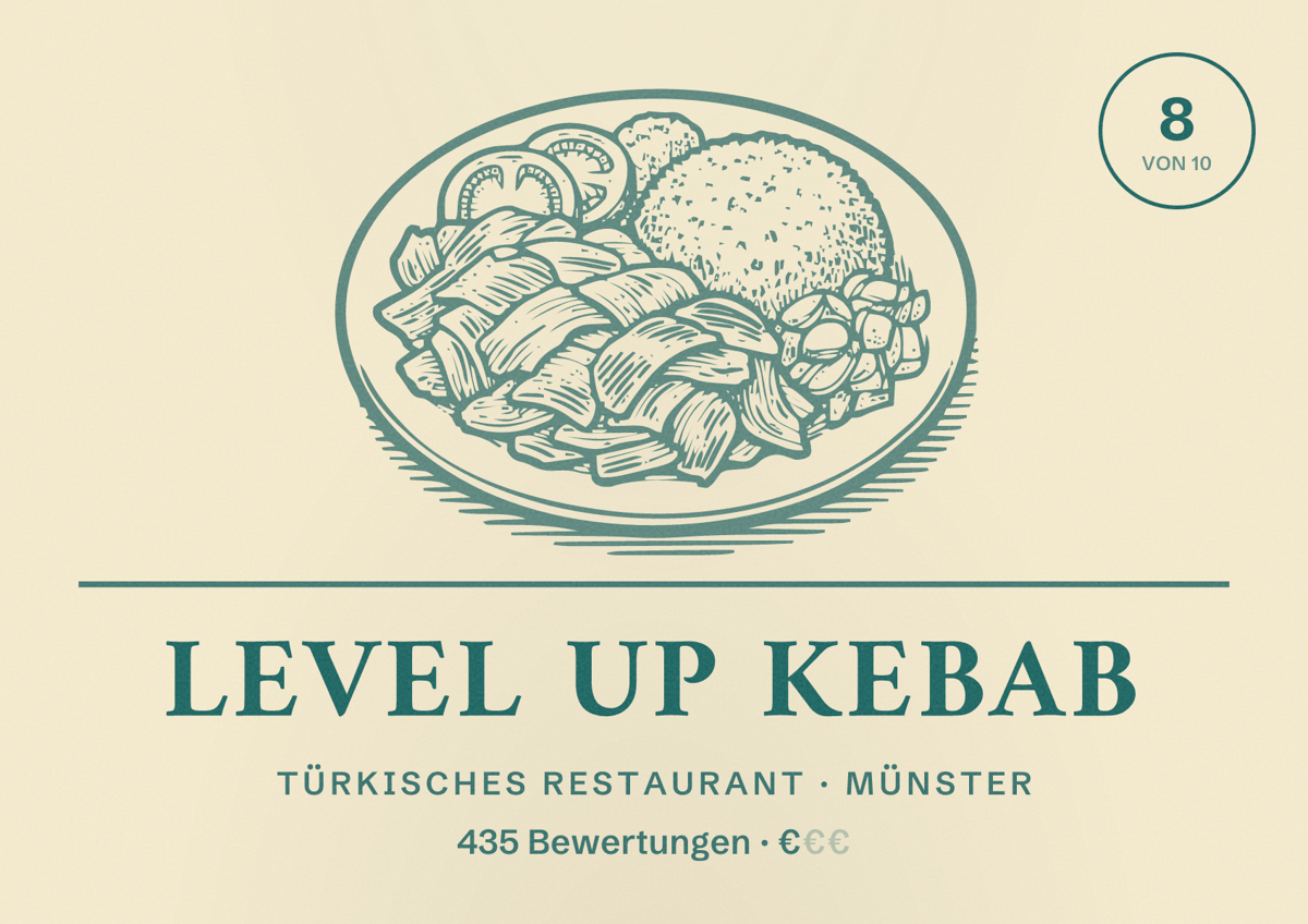 Illustriertes Poster von Level up Kebab, Türkisches Restaurant in Münster: Bewertung 8 von 10 aus 435 Bewertungen, Preisniveau €