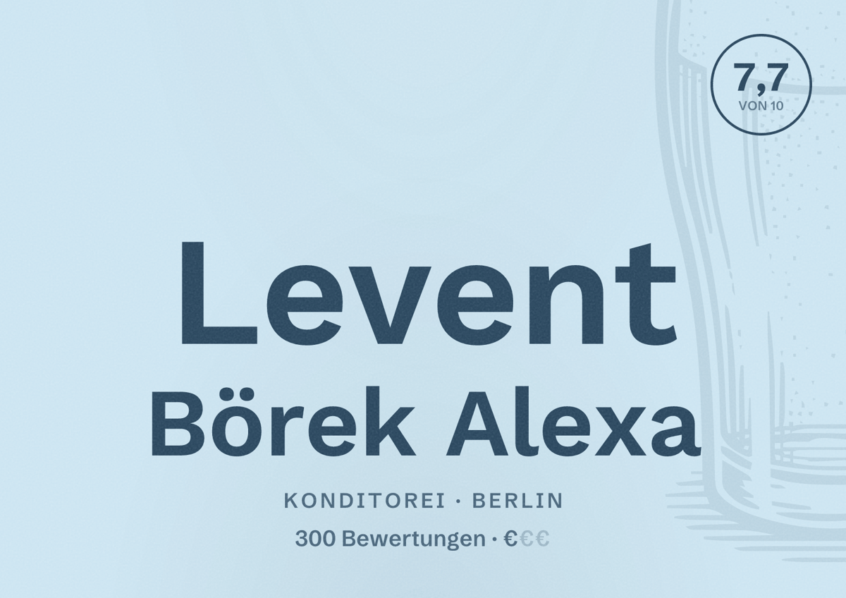 Illustriertes Poster von Levent Börek Alexa, Konditorei in Berlin: Bewertung 7,7 von 10 aus 300 Bewertungen, Preisniveau €