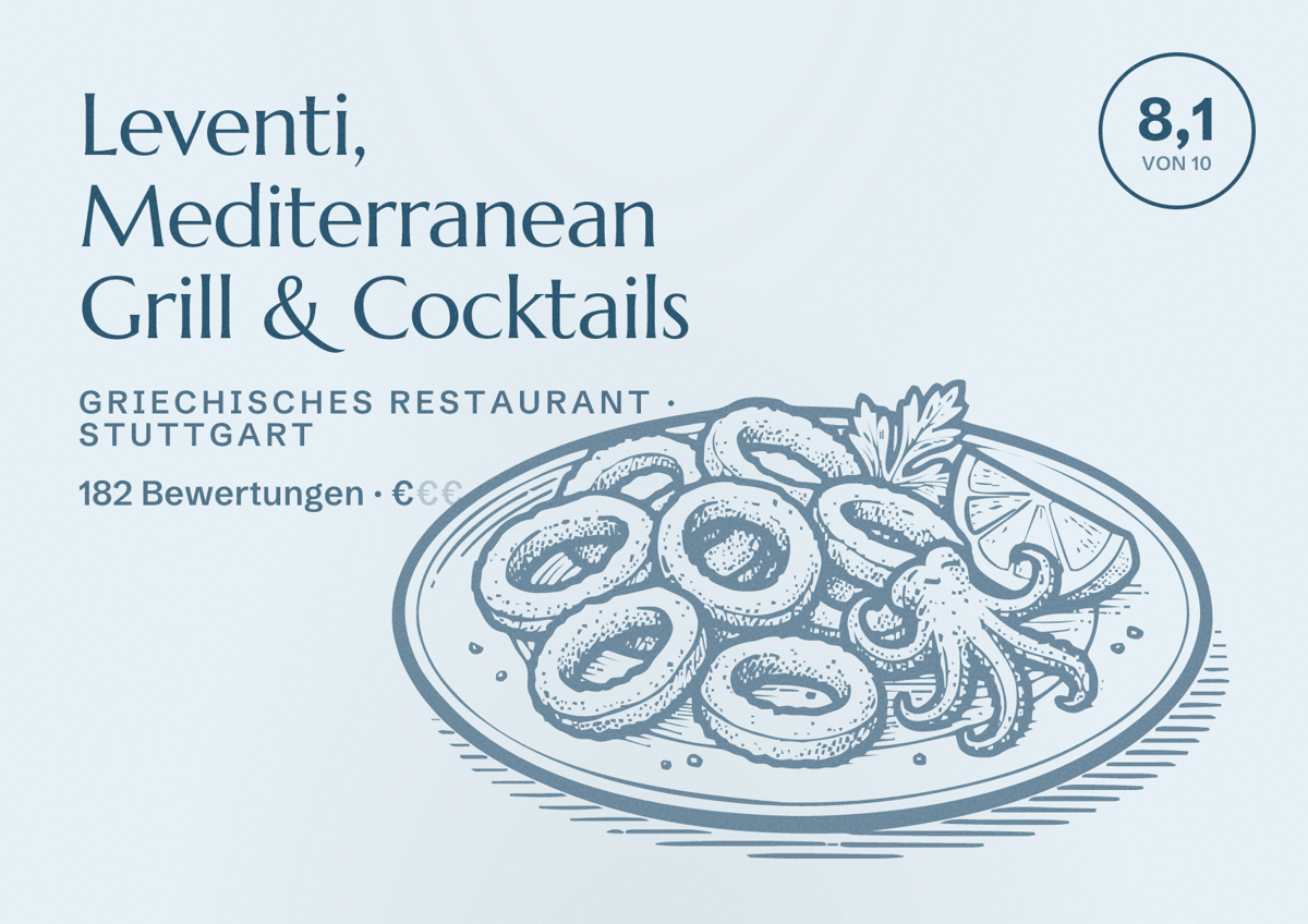 Illustriertes Poster von Leventi, Mediterranean Grill & Cocktails, Griechisches Restaurant in Stuttgart: Bewertung 8,1 von 10 aus 182 Bewertungen, Preisniveau €