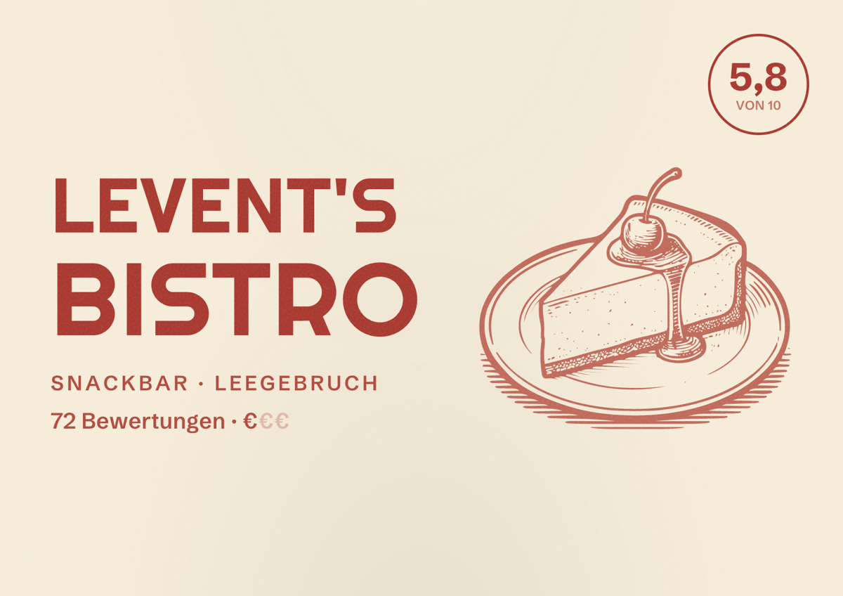 Illustriertes Poster von Levent's Bistro, Snackbar in Leegebruch: Bewertung 5,8 von 10 aus 72 Bewertungen, Preisniveau €