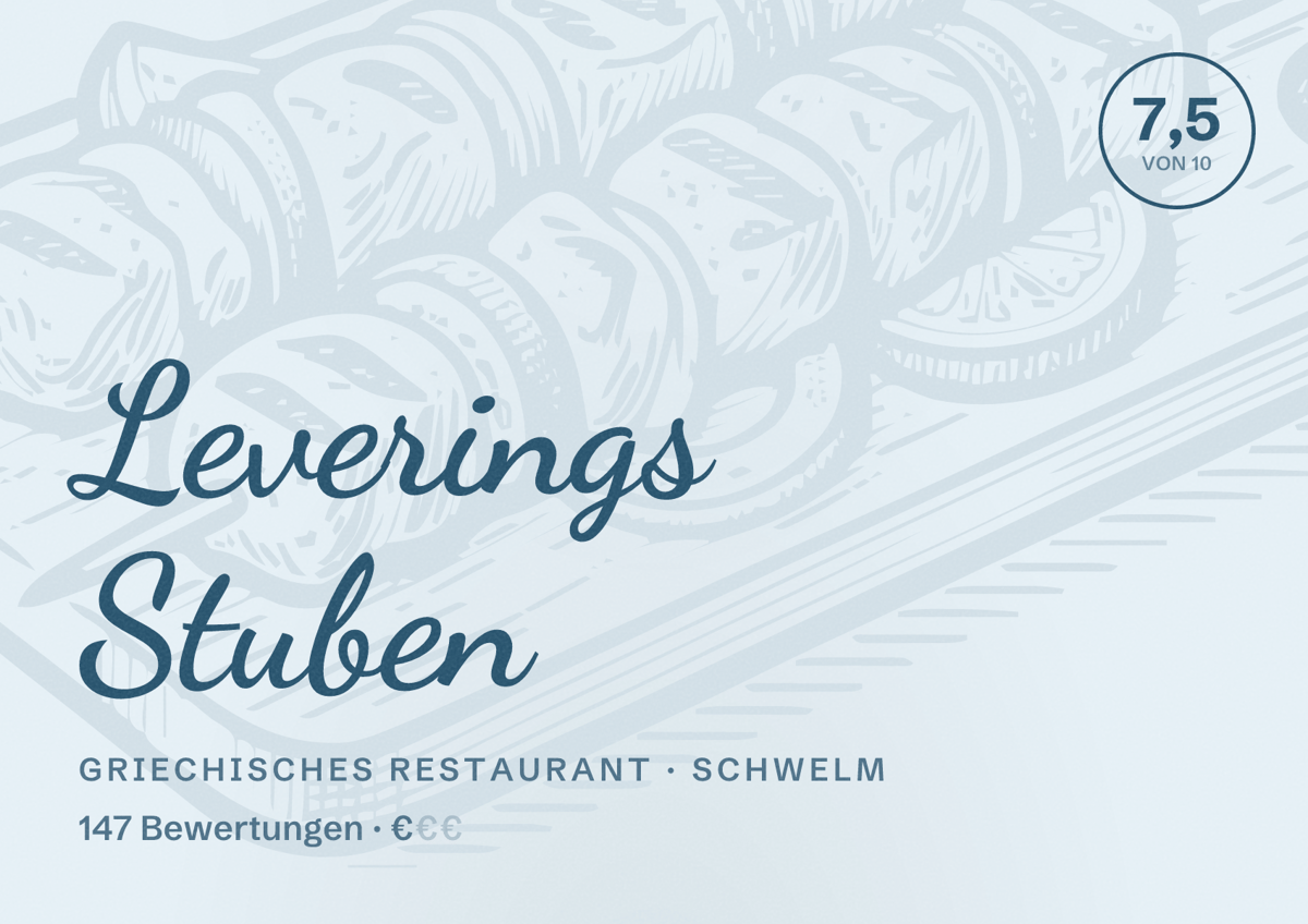 Illustriertes Poster von Leverings Stuben, Griechisches Restaurant in Schwelm: Bewertung 7,5 von 10 aus 147 Bewertungen, Preisniveau €