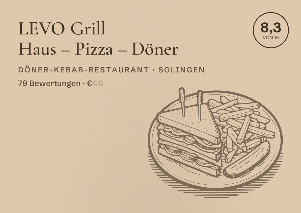 Illustriertes Poster von LEVO Grill Haus – Pizza – Döner, Döner-Kebab-Restaurant in Solingen: Bewertung 8,3 von 10 aus 79 Bewertungen, Preisniveau €