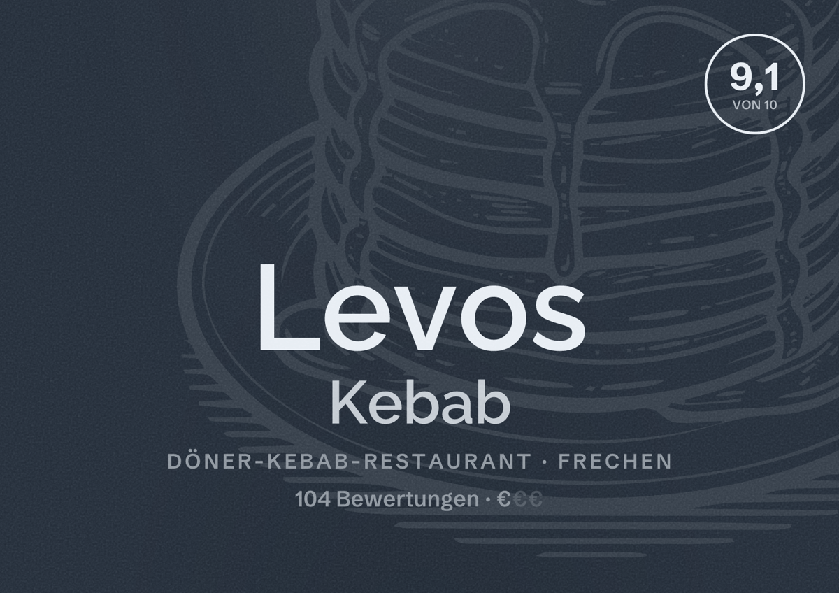 Illustriertes Poster von Levos Kebab, Döner-Kebab-Restaurant in Frechen: Bewertung 9,1 von 10 aus 104 Bewertungen, Preisniveau €