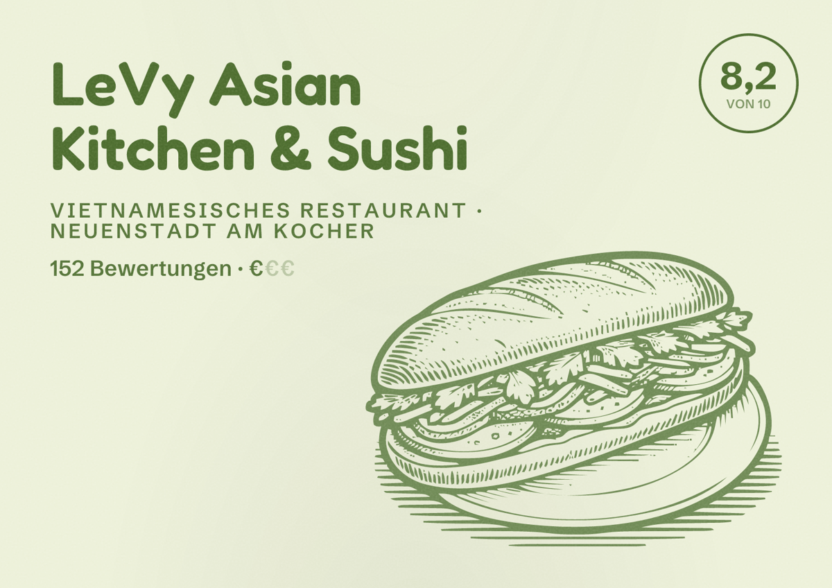 Illustriertes Poster von LeVy Asian Kitchen & Sushi, Vietnamesisches Restaurant in Neuenstadt am Kocher: Bewertung 8,2 von 10 aus 152 Bewertungen, Preisniveau €