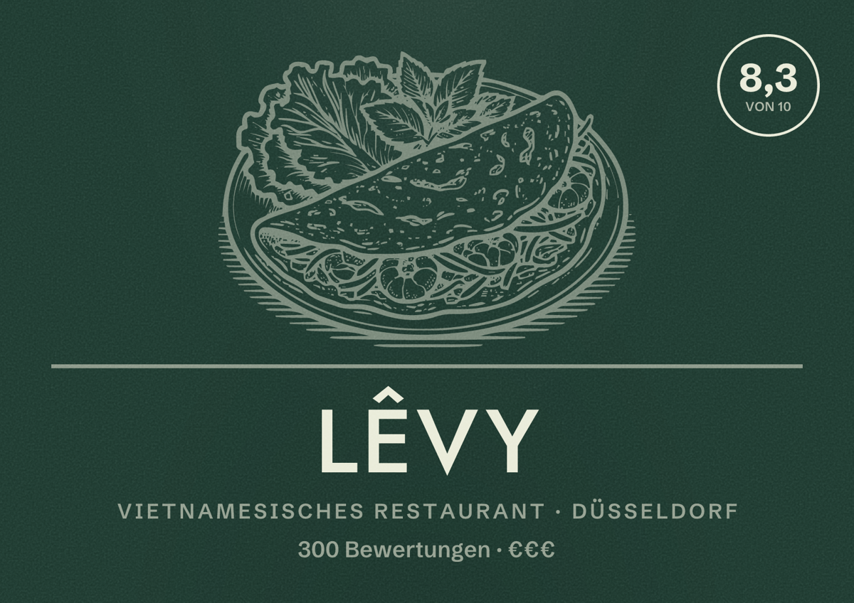 Illustriertes Poster von LêVy, Vietnamesisches Restaurant in Düsseldorf: Bewertung 8,3 von 10 aus 300 Bewertungen, Preisniveau €€€