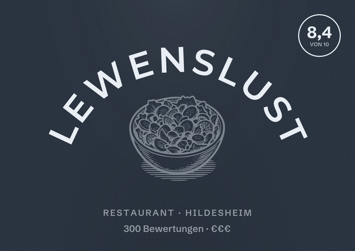 Illustriertes Poster von LewensLust, Restaurant in Hildesheim: Bewertung 8,4 von 10 aus 300 Bewertungen, Preisniveau €€€
