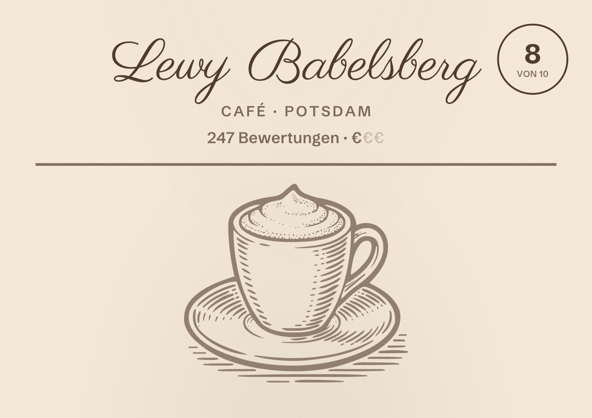 Illustriertes Poster von Lewy Babelsberg, Café in Potsdam: Bewertung 8 von 10 aus 247 Bewertungen, Preisniveau €