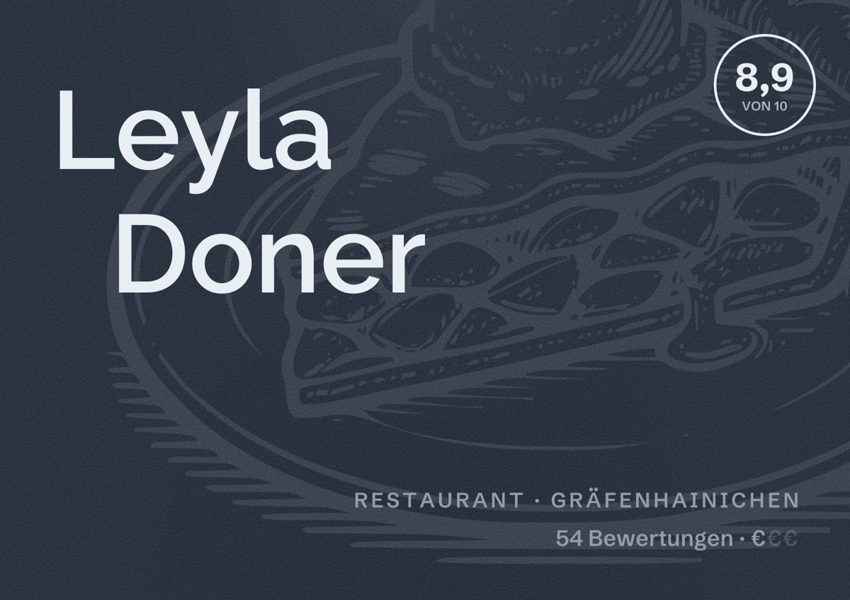 Illustriertes Poster von Leyla Doner, Restaurant in Gräfenhainichen: Bewertung 8,9 von 10 aus 54 Bewertungen, Preisniveau €