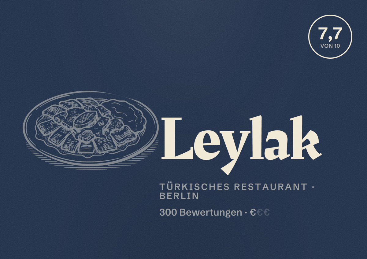 Illustriertes Poster von Leylak, Türkisches Restaurant in Berlin: Bewertung 7,7 von 10 aus 300 Bewertungen, Preisniveau €