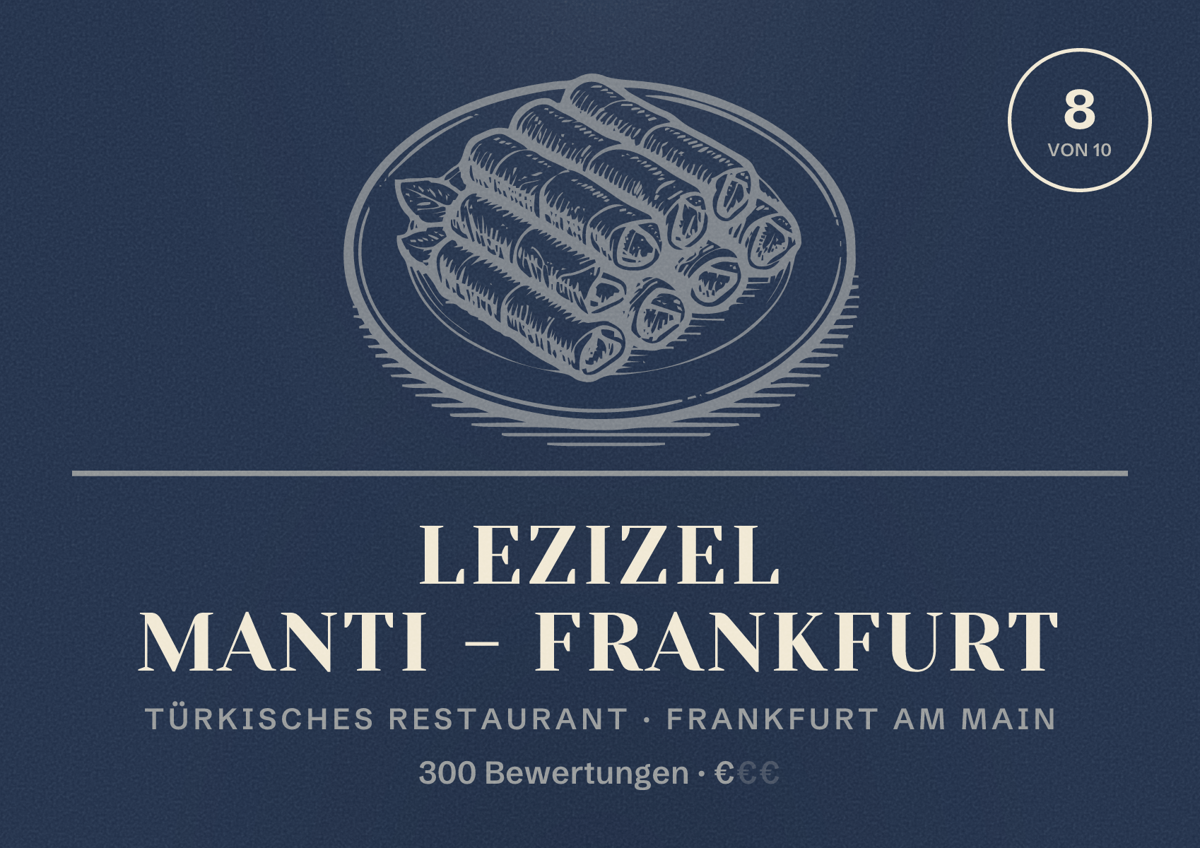 Illustriertes Poster von Lezizel Manti - Frankfurt, Türkisches Restaurant in Frankfurt am Main: Bewertung 8,0 von 10 aus 300 Bewertungen, Preisniveau €