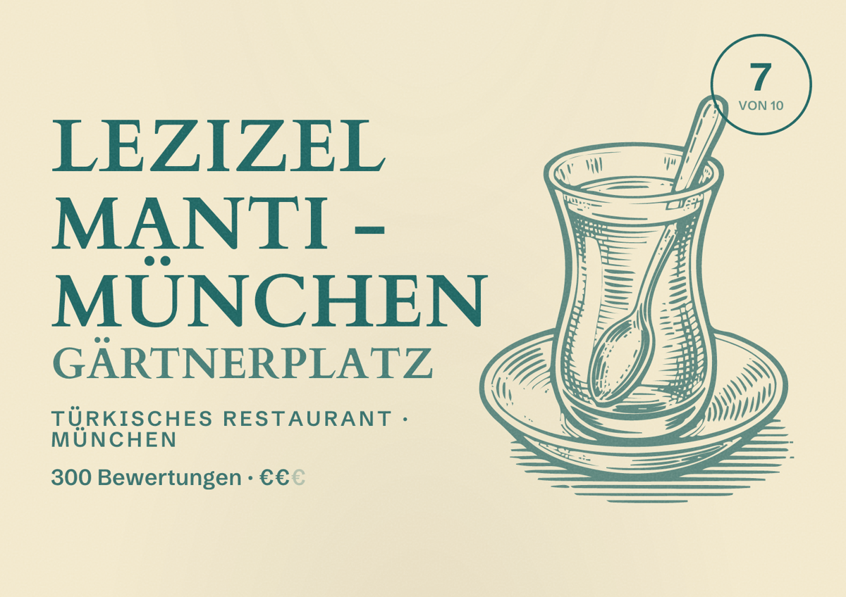 Illustriertes Poster von Lezizel Manti - München Gärtnerplatz, Türkisches Restaurant in München: Bewertung 7,0 von 10 aus 300 Bewertungen, Preisniveau €€