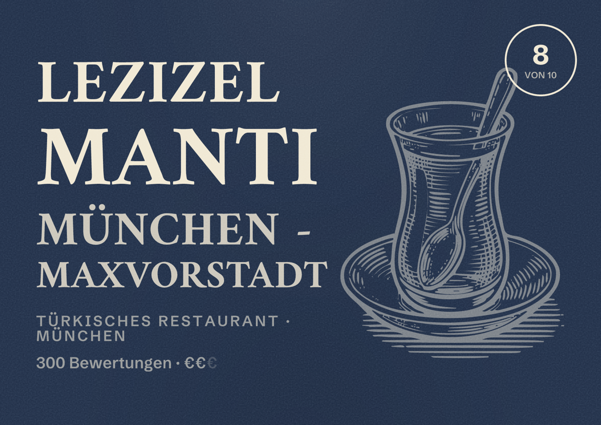 Illustriertes Poster von Lezizel Manti München - Maxvorstadt, Türkisches Restaurant in München: Bewertung 8,0 von 10 aus 300 Bewertungen, Preisniveau €€
