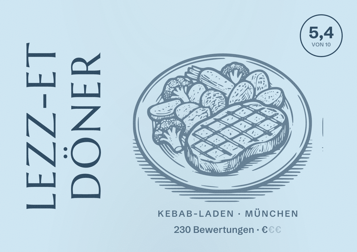 Illustriertes Poster von Lezz-Et Döner, Kebab-Laden in München: Bewertung 5,4 von 10 aus 230 Bewertungen, Preisniveau €