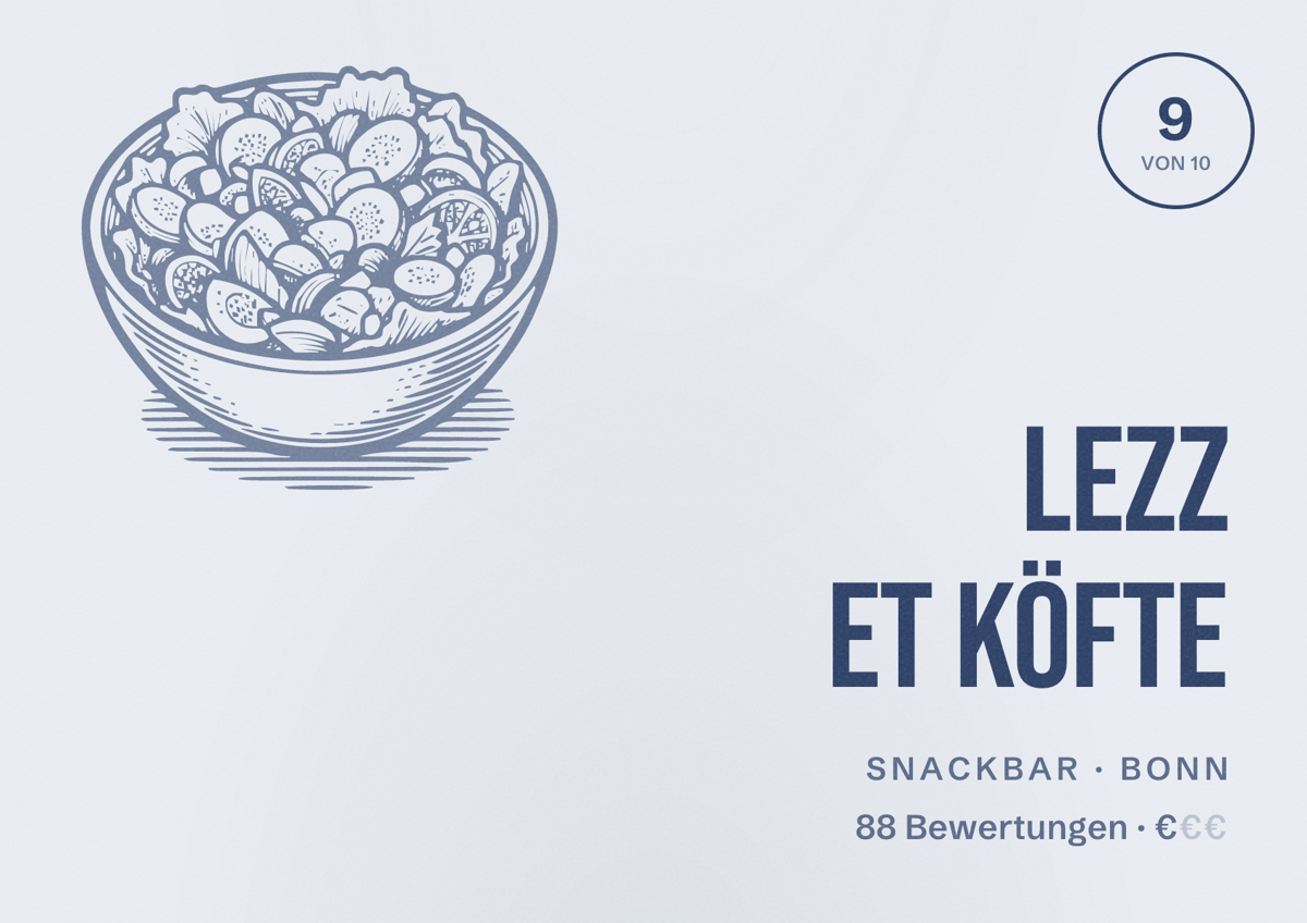 Illustriertes Poster von Lezz ET Köfte, Snackbar in Bonn: Bewertung 9 von 10 aus 90 Bewertungen, Preisniveau €