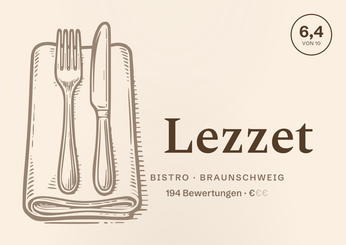 Illustriertes Poster von Lezzet, Bistro in Braunschweig: Bewertung 6,4 von 10 aus 194 Bewertungen, Preisniveau €
