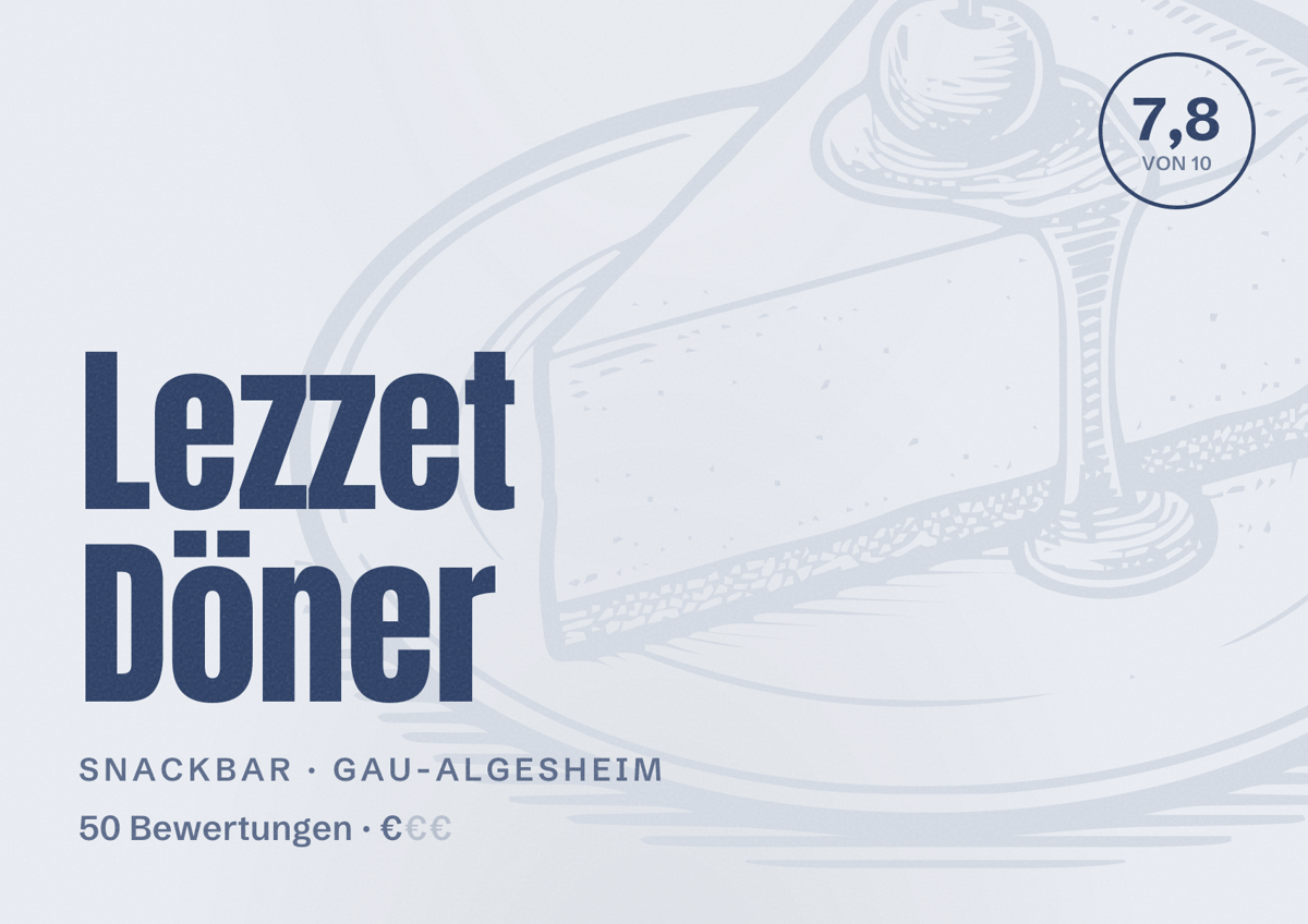 Illustriertes Poster von Lezzet Döner, Snackbar in Gau-Algesheim: Bewertung 7,8 von 10 aus 50 Bewertungen, Preisniveau €