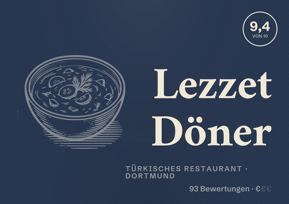 Illustriertes Poster von Lezzet Döner, Türkisches Restaurant in Dortmund: Bewertung 9,4 von 10 aus 93 Bewertungen, Preisniveau €