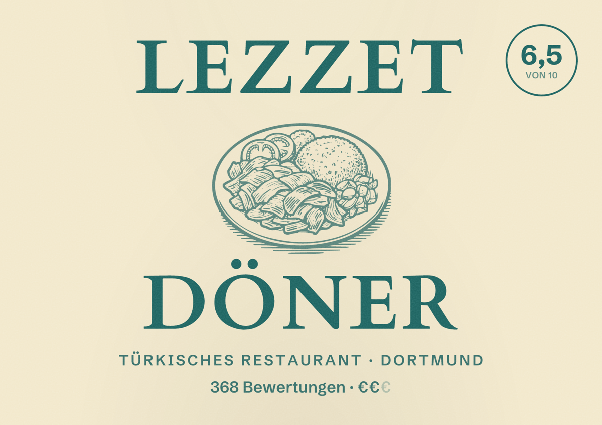 Illustriertes Poster von Lezzet Döner, Türkisches Restaurant in Dortmund: Bewertung 6,5 von 10 aus 368 Bewertungen, Preisniveau €€