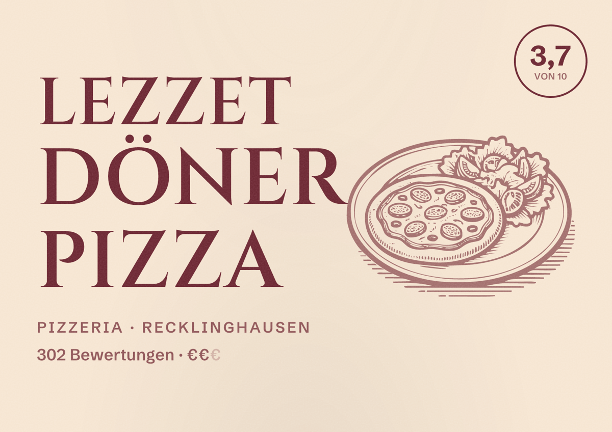Illustriertes Poster von Lezzet Döner Pizza, Pizzeria in Recklinghausen: Bewertung 3,7 von 10 aus 302 Bewertungen, Preisniveau €€