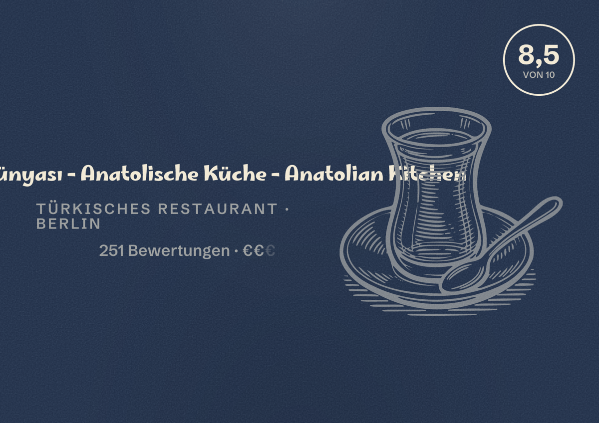 Illustriertes Poster von Lezzet Dünyası - Anatolische Küche - Anatolian Kitchen, Türkisches Restaurant in Berlin: Bewertung 8,5 von 10 aus 251 Bewertungen, Preisniveau €€