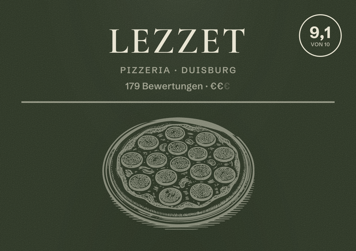 Illustriertes Poster von Lezzet, Pizzeria in Duisburg: Bewertung 9,1 von 10 aus 179 Bewertungen, Preisniveau €€