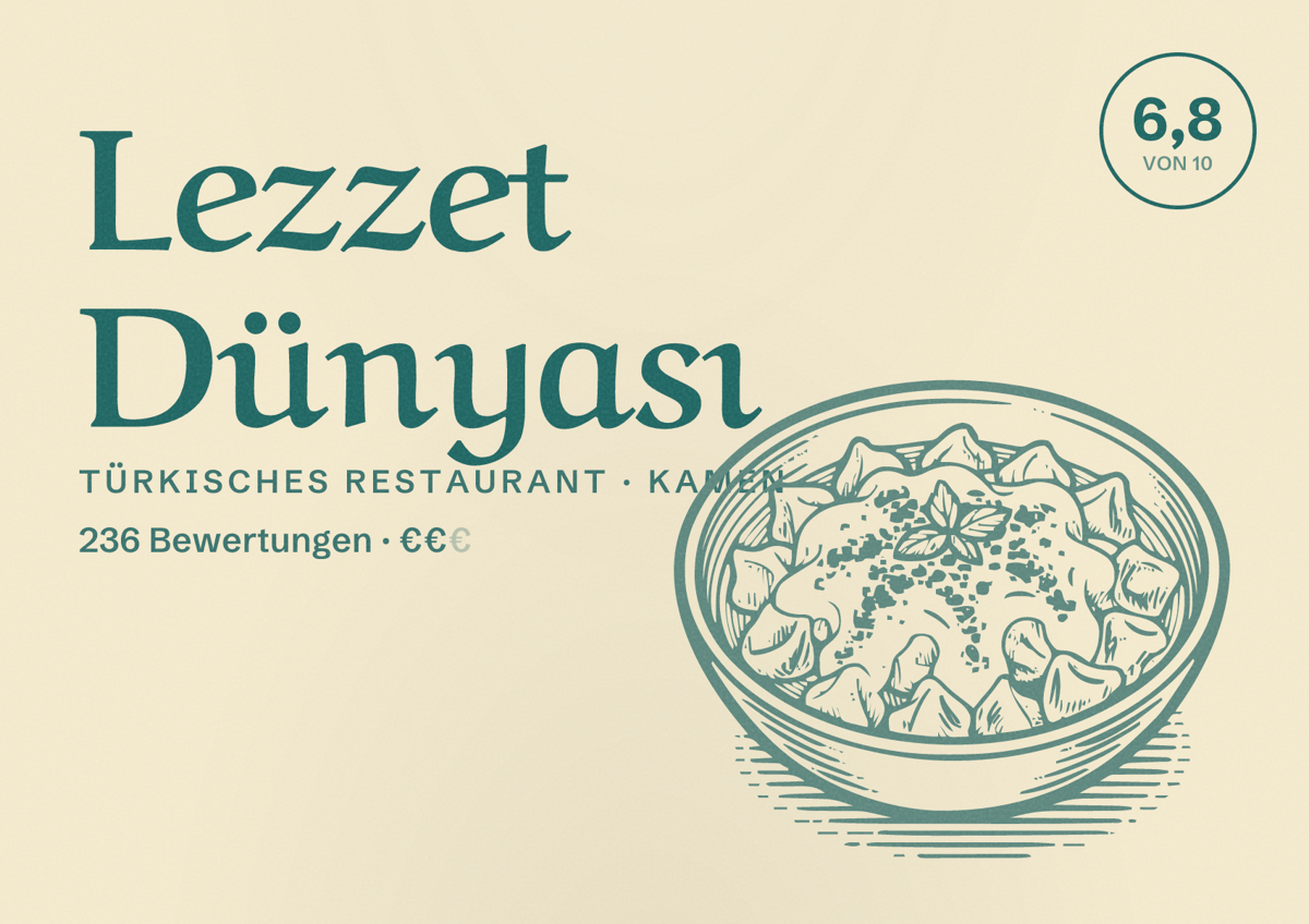 Illustriertes Poster von Lezzet Dünyası, Türkisches Restaurant in Kamen: Bewertung 6,8 von 10 aus 236 Bewertungen, Preisniveau €€