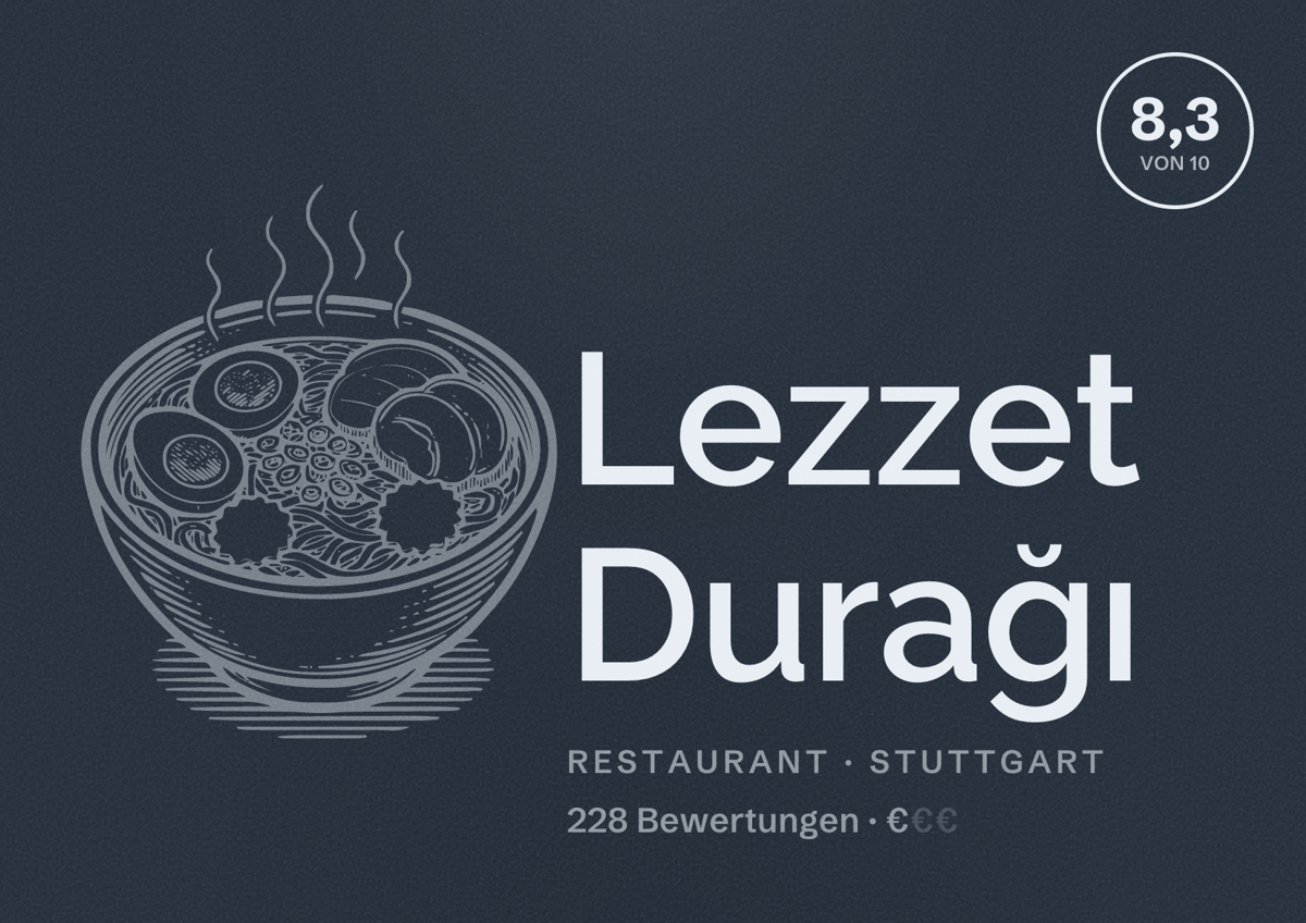 Illustriertes Poster von Lezzet Durağı, Restaurant in Stuttgart: Bewertung 8,3 von 10 aus 228 Bewertungen, Preisniveau €