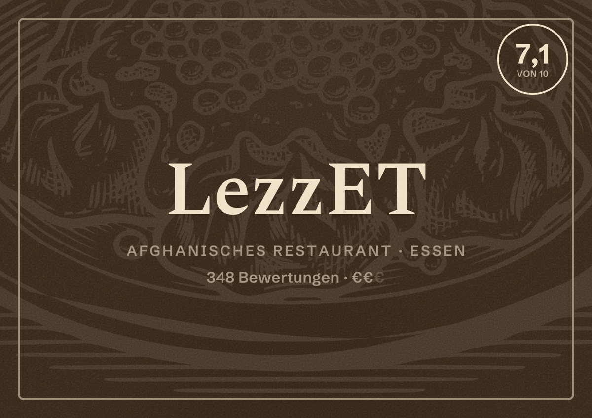 Illustriertes Poster von LezzET, Afghanisches Restaurant in Essen: Bewertung 7,1 von 10 aus 348 Bewertungen, Preisniveau €€